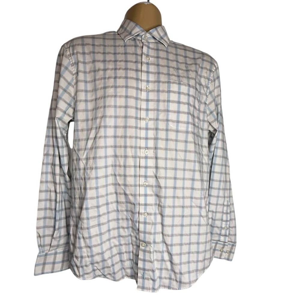 Johnnie-O Prep-Formance Mens Medium Blue Grey Plaid Bamboo‎ Blend Button Down